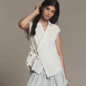 ANTHROPOLOGIE X PILCRO Belted Wrap Linen Cotton Blouse, Size XS